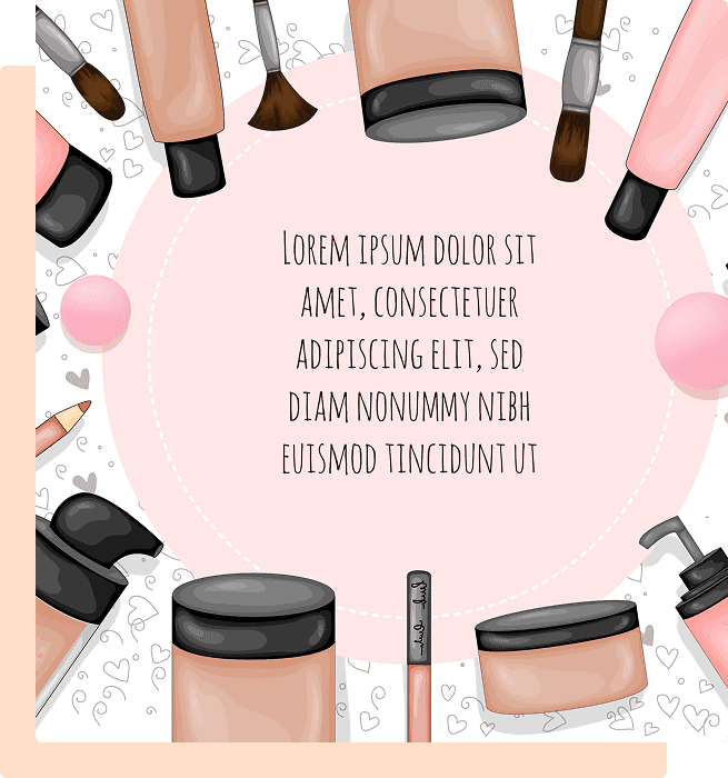 Makeup products and brushes with pink background