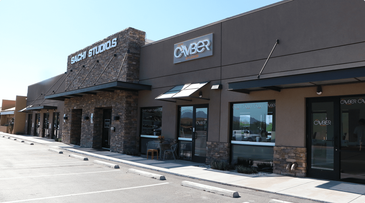 Modern storefronts in a strip mall