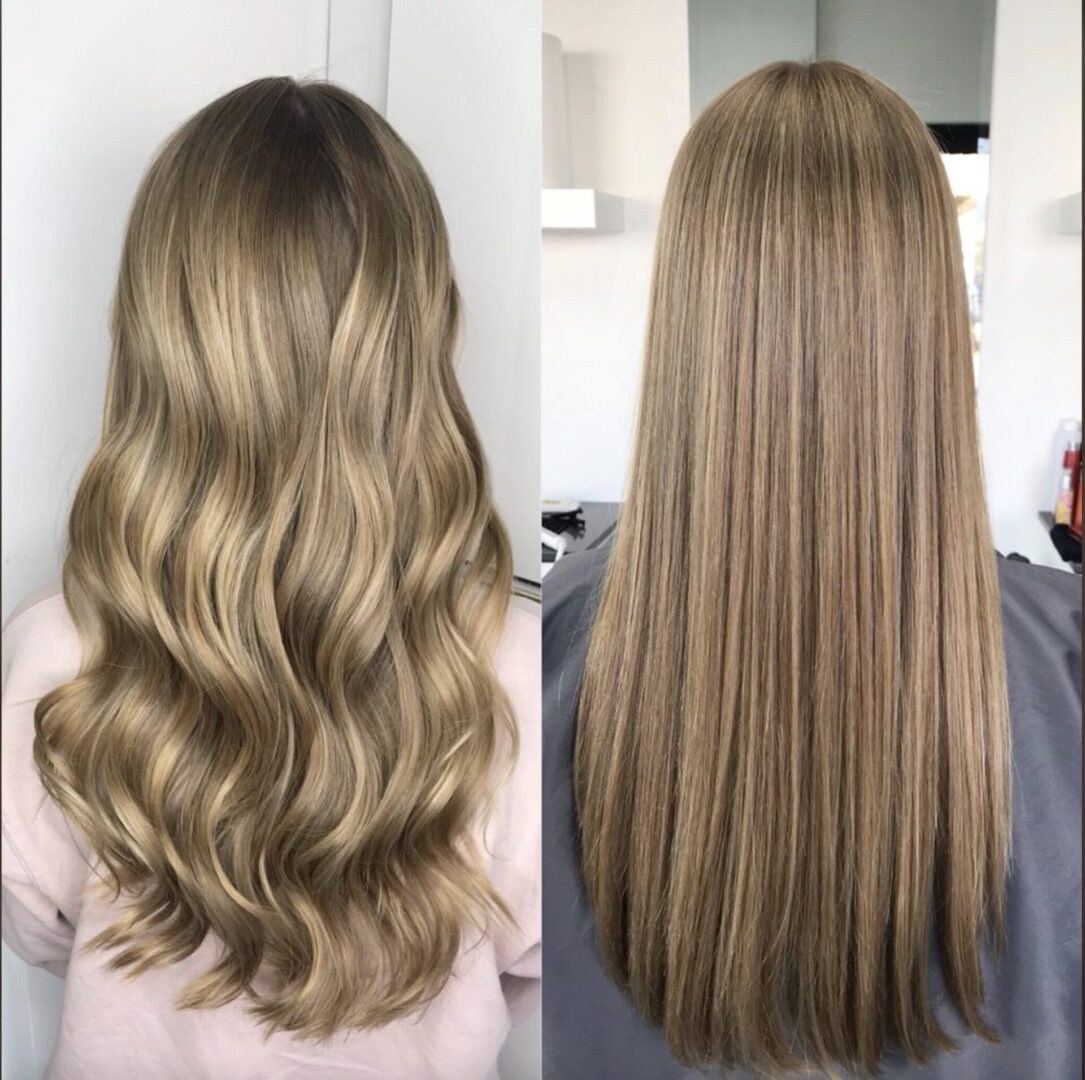 Comparison of wavy versus straight long blonde hair.