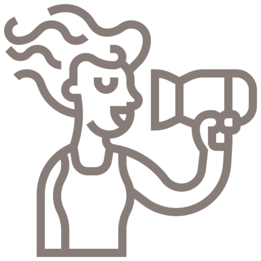 Illustration of a woman with flowing hair holding a hairdryer.