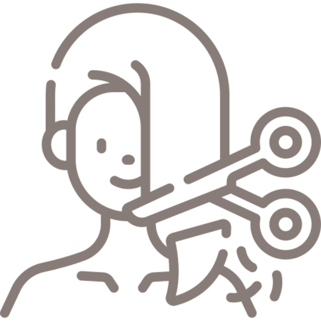 Illustration of a woman with scissors cutting hair.