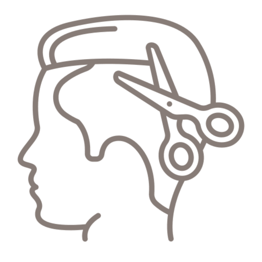 Icon of a haircut with scissors near a person's head.